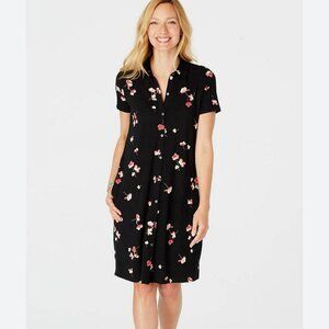 NEW J Jill Floral Shirt Dress Women‎ Medium Tall Black Pima Cotton Knee Length